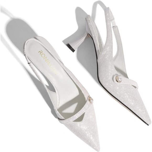 🆕Women White Faux Leather Slingback Kitten Heels Pearl Dress Pumps - Picture 4 of 8